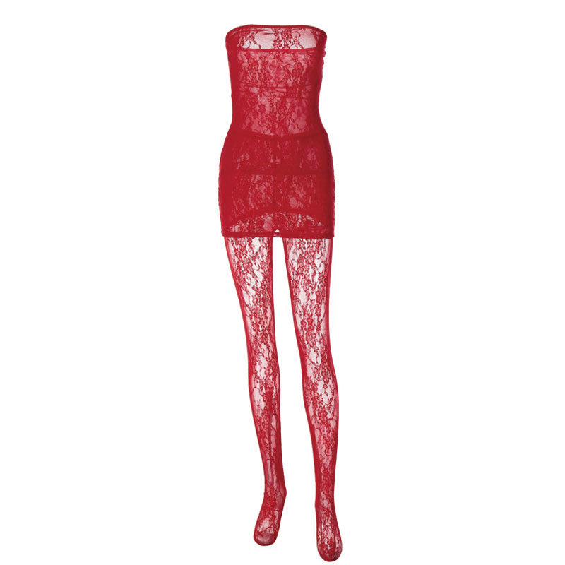 Sexy Sheer Lace Mini Tube Dress High Waist Stocking Matching Set - Red –  Trendy & Unique