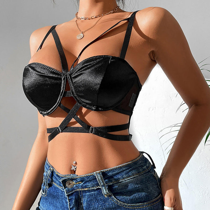 Sexy Solid Color Strappy Cutout See Through Mesh Satin Bra Top