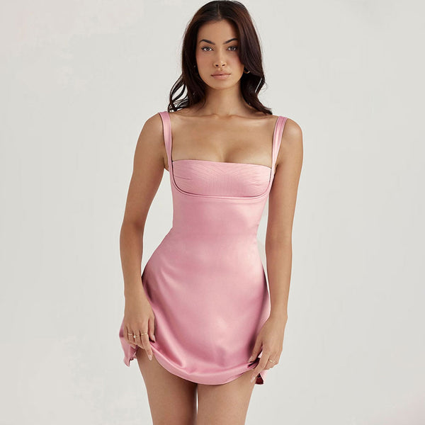 Sexy Square Neck Sleeveless Suspender Strap Micro Mini Satin Sundress