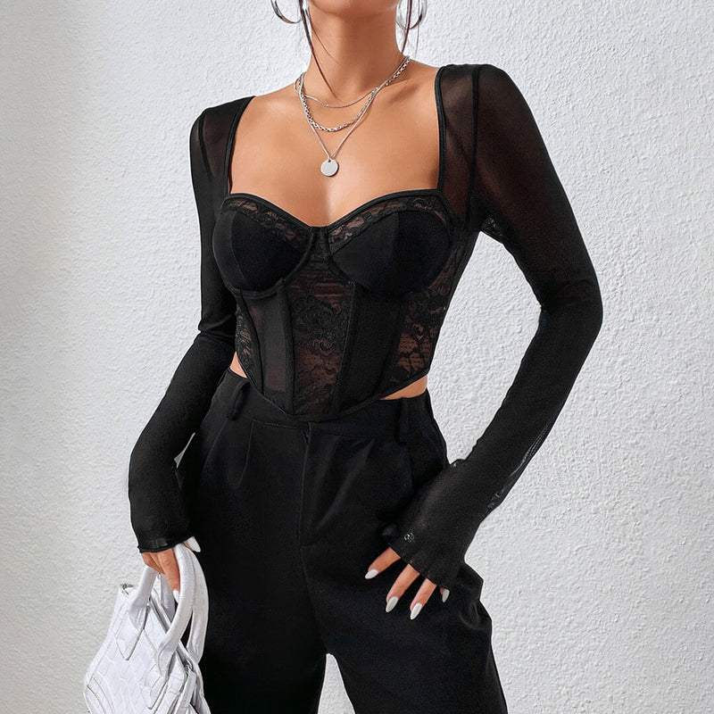 sexy black lace and mesh body suit / corset