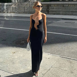 Sexy Wavy Plunge Neck Drop Waist Sleeveless Ribbed Knit Slip Maxi Dress