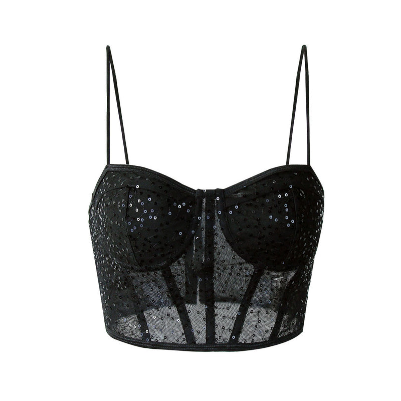 Shimmer Sweetheart Cami Sheer Sequin Lace Crop Corset Top - Black – Trendy  & Unique