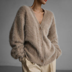 Soft Deep V Neck Button up Blouson Sleeve Oversized Brushed Knit Cardigan