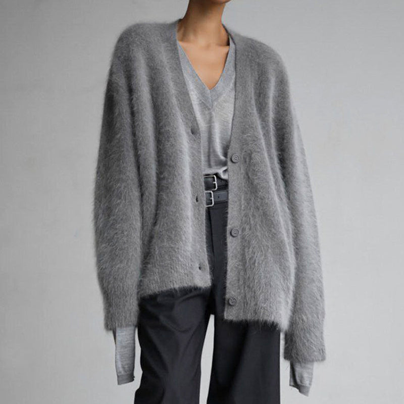 Soft Deep V Neck Button up Blouson Sleeve Oversized Brushed Knit Cardigan