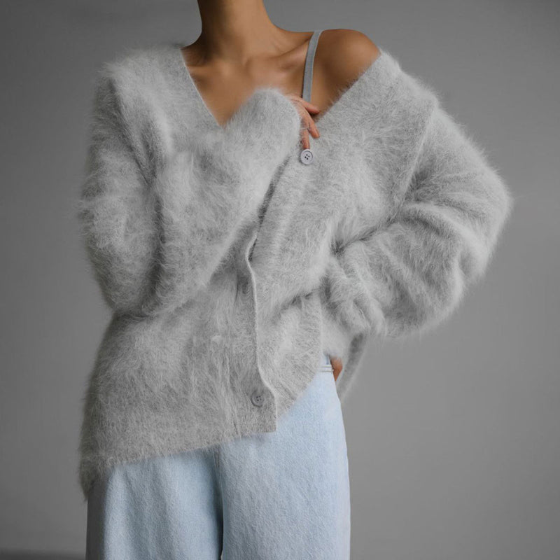 Soft Deep V Neck Button up Blouson Sleeve Oversized Brushed Knit Cardigan