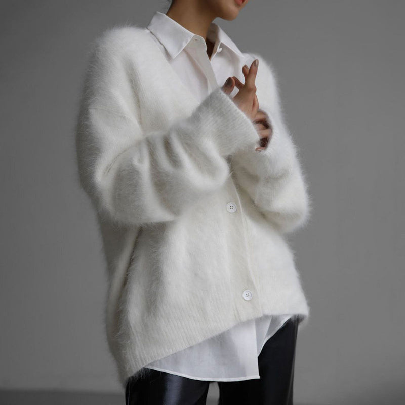 Soft Deep V Neck Button up Blouson Sleeve Oversized Brushed Knit Cardigan