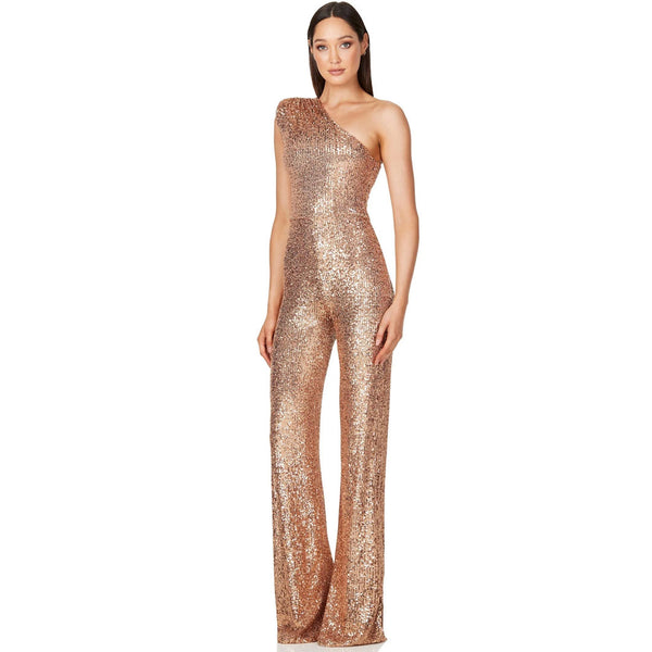 Sparkly Sequin Padded One Shoulder Wide Leg Disco Jumpsuit -Champagne