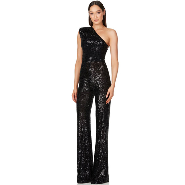 Sparkly Sequin Padded One Shoulder Wide Leg Disco Jumpsuit - Black