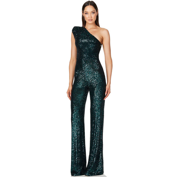 Sparkly Sequin Padded One Shoulder Wide Leg Disco Jumpsuit - Emerald Green