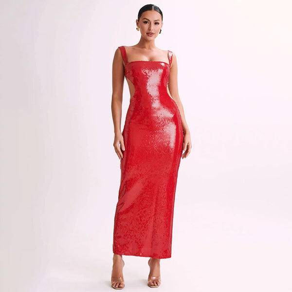 Sparkly Square Neck Sleeveless Cutout Back Sequin Evening Maxi Dress