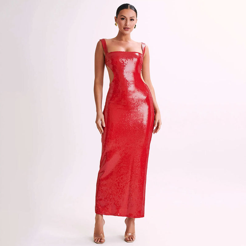 Sparkly Square Neck Sleeveless Cutout Back Sequin Evening Maxi Dress