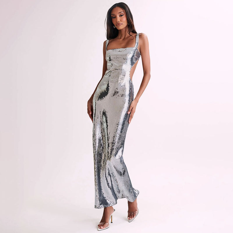 Sparkly Square Neck Sleeveless Cutout Back Sequin Evening Maxi Dress