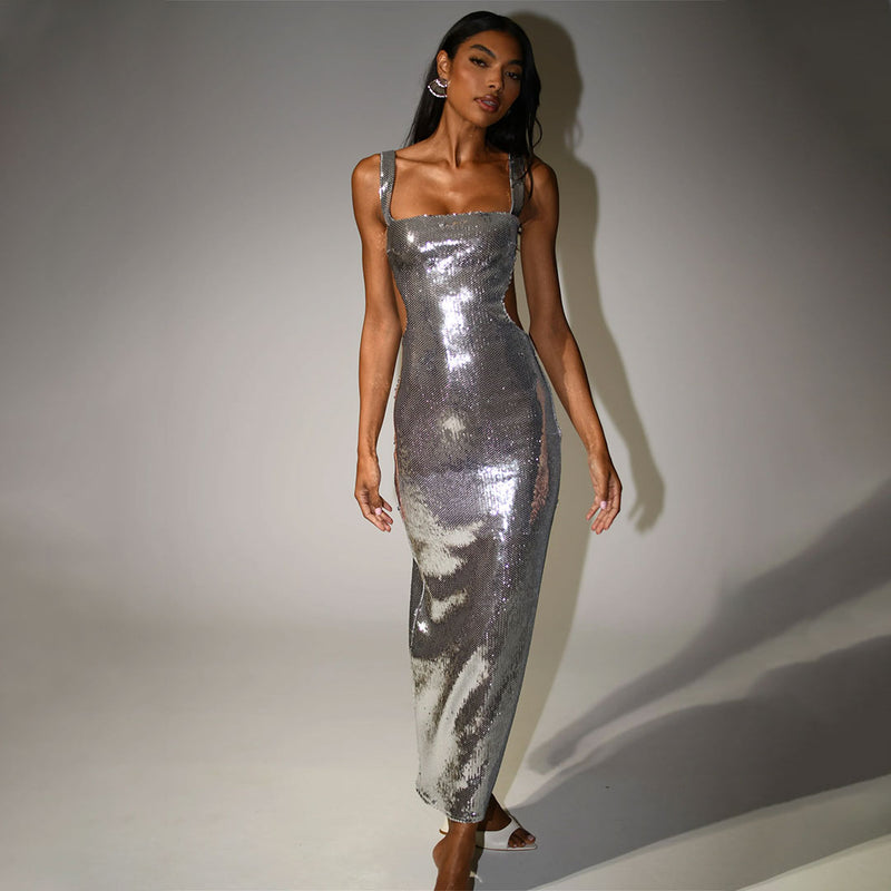 Sparkly Square Neck Sleeveless Cutout Back Sequin Evening Maxi Dress