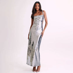 Sparkly Square Neck Sleeveless Cutout Back Sequin Evening Maxi Dress