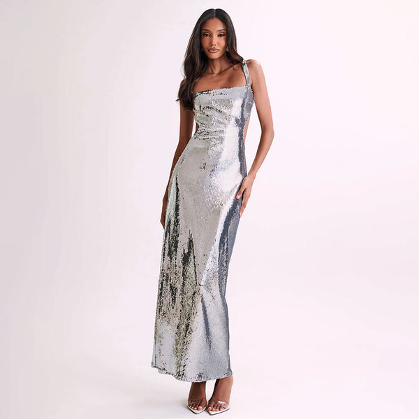 Sparkly Square Neck Sleeveless Cutout Back Sequin Evening Maxi Dress