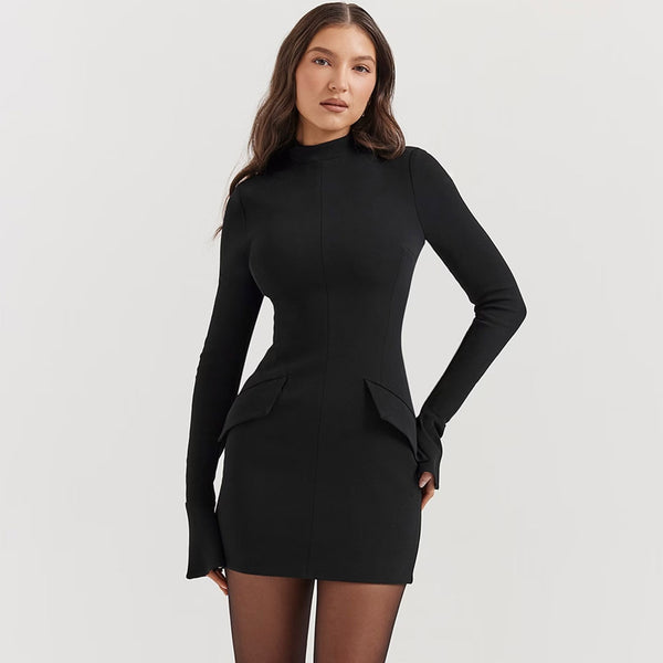 Trendy Mock Neck Bell Sleeve Pocket Trim Bodycon Mini Party Dress