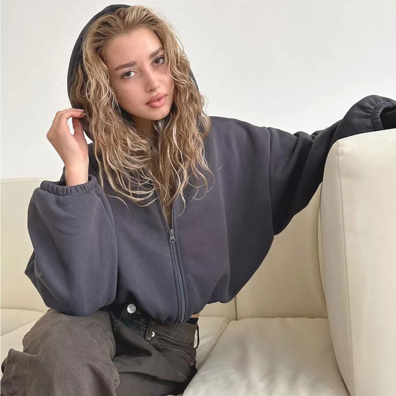 Trendy Zip Up Drop Shoulder Long Sleeve Oversized Crop Hooded Hoodie