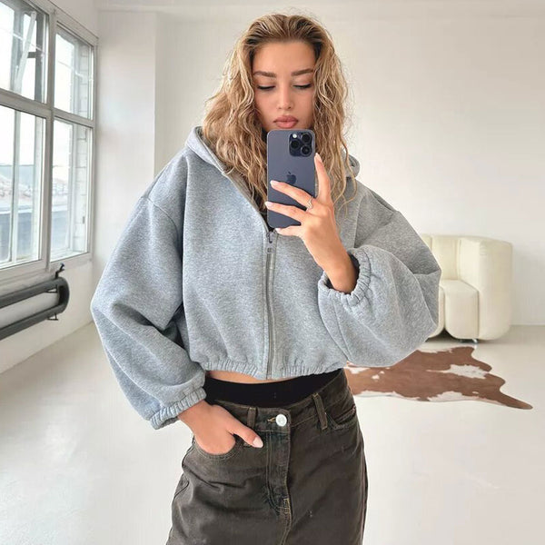 Trendy Zip Up Drop Shoulder Long Sleeve Oversized Crop Hooded Hoodie