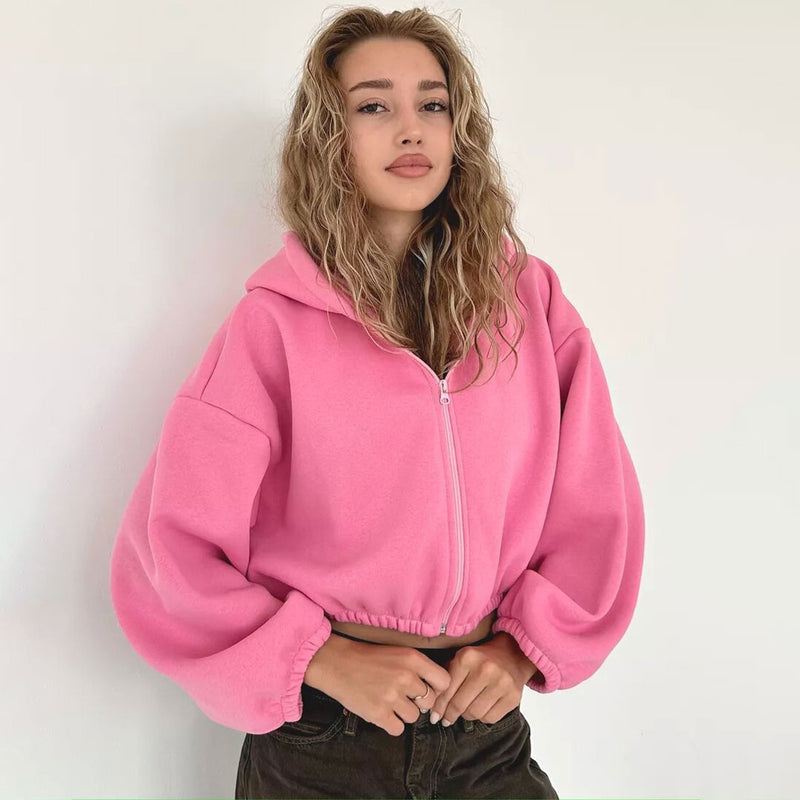 Trendy Zip Up Drop Shoulder Long Sleeve Oversized Crop Hooded Hoodie