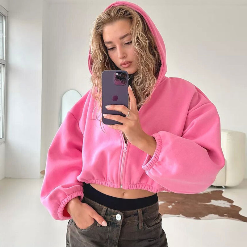 Trendy Zip Up Drop Shoulder Long Sleeve Oversized Crop Hooded Hoodie