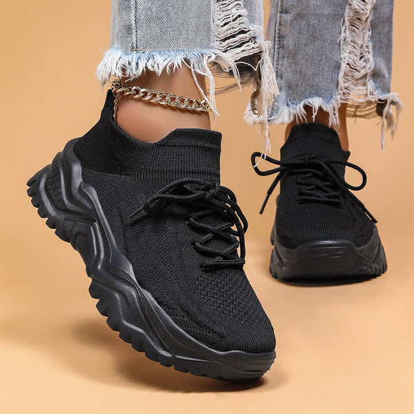 Ultra Chic Solid Chunky Sole Breathable Lace Up Knit Sneakers