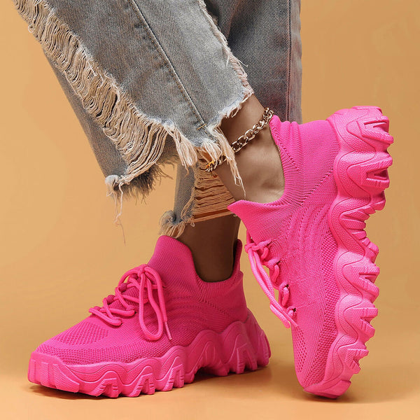 Ultra Comfort Wavy Chunky Sole Breathable Lace Up Knit Sneakers