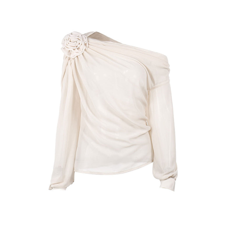 Unique One Shoulder Long Sleeve Chiffon Ruched Rosette Applique Blouse