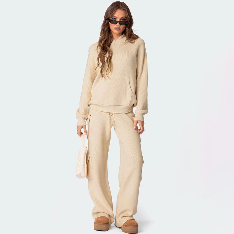 Unique Rib Knit Hooded Sweater Cargo Pocket Wide Leg Pant Matching Set