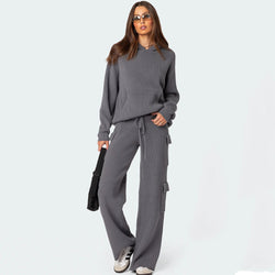 Unique Rib Knit Hooded Sweater Cargo Pocket Wide Leg Pant Matching Set