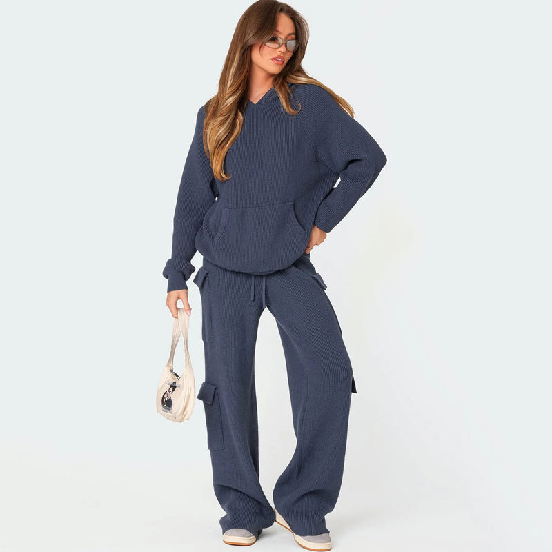 Unique Rib Knit Hooded Sweater Cargo Pocket Wide Leg Pant Matching Set