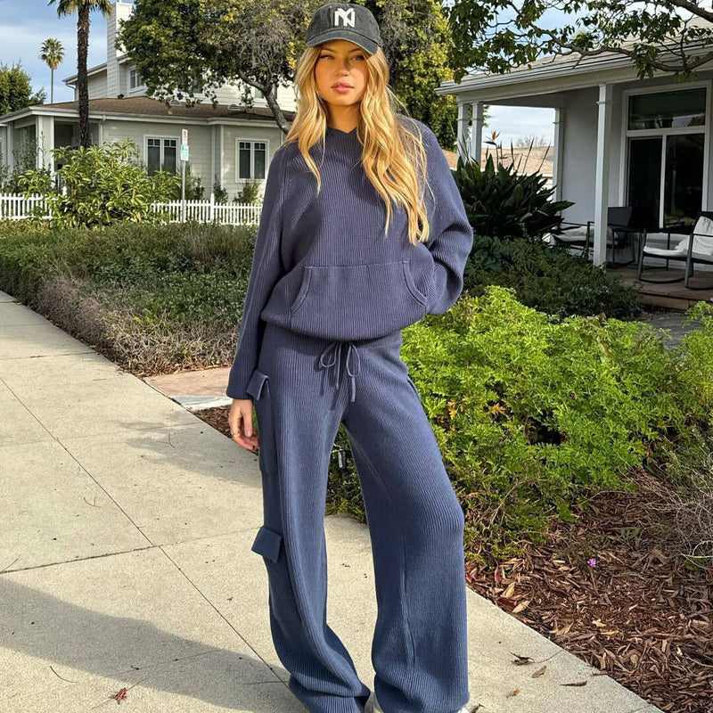 Unique Rib Knit Hooded Sweater Cargo Pocket Wide Leg Pant Matching Set