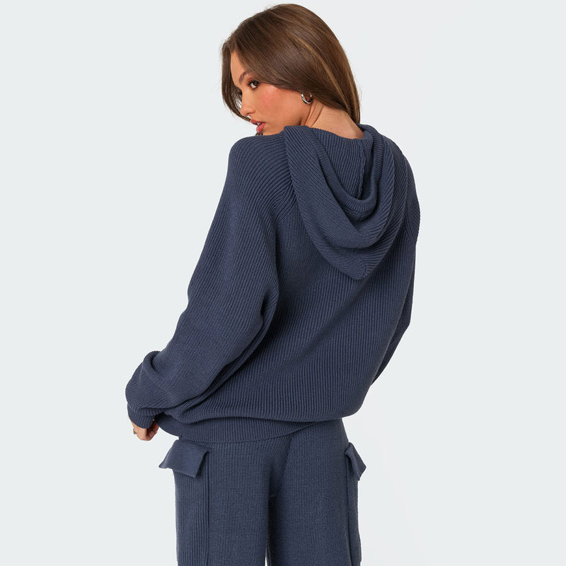 Unique Rib Knit Hooded Sweater Cargo Pocket Wide Leg Pant Matching Set