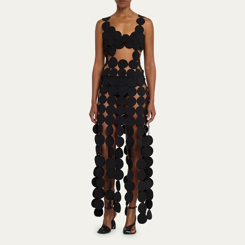 Unique Scallop Neck Sleeveless Cutout Laser Cut Circle Fringe Maxi Dress