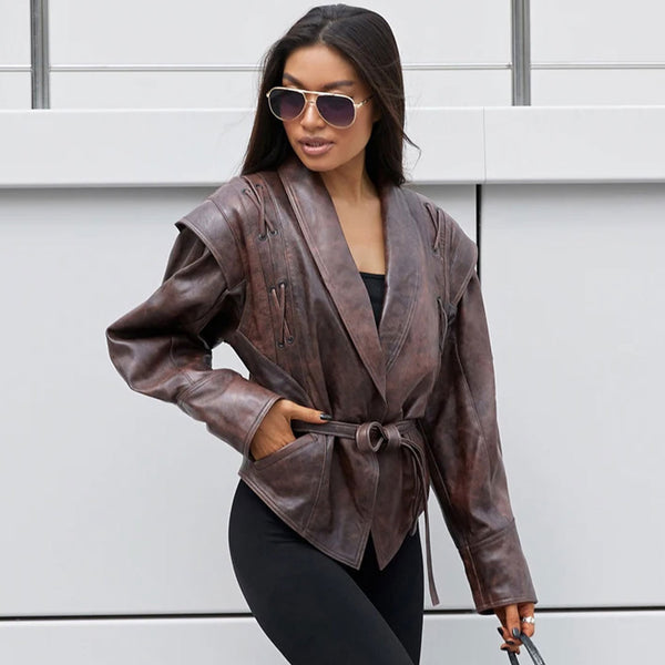 Unique Strong Shoulder One Button Belted Oversize Faux Leather Jacket