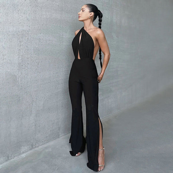 Versatile Halter Plunge Neck Backless Split Flared Leg Jumpsuit - Black