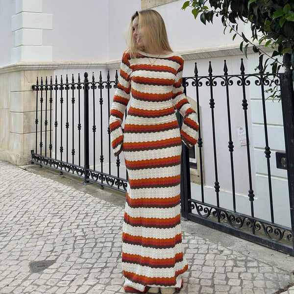 Vintage Boat Neck Open Back Contrast Striped Knit Maxi Vacation Dress