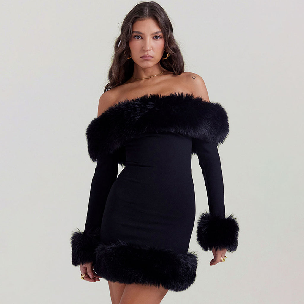 Off the shoulder fur dress best sale