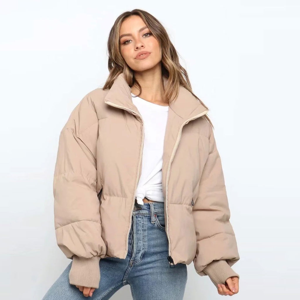 Oversized Stand Collar Side Pocket Zip Front Long Sleeve Puffer