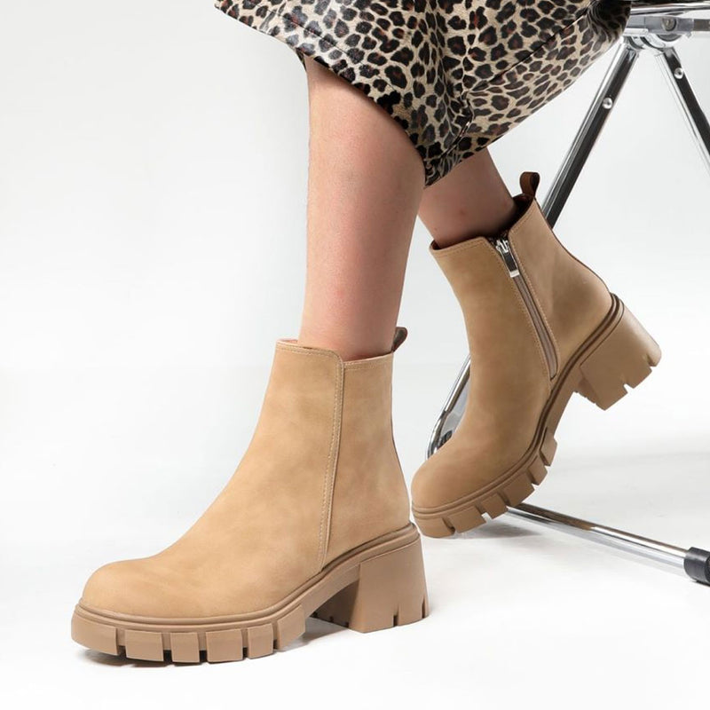 Chelsea Style Faux Leather Lug Sole Block Heel Ankle Boots - Khaki – Trendy  & Unique