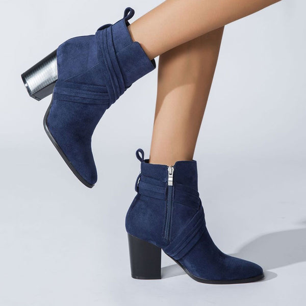 Chic Crisscross Strap Pointed Toe Block Heel Suede Ankle Boots - Navy Blue