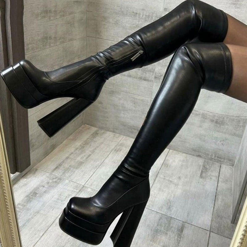 Women Pants Boots Chunk High Heels Two In One Pants Shoes Knee Thigh High  Boots
