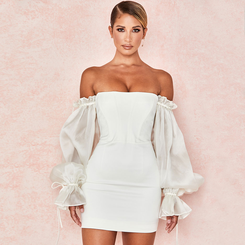 Cute Off Shoulder Puff Sleeve Bodycon Party Mini Dress - White – Trendy &  Unique