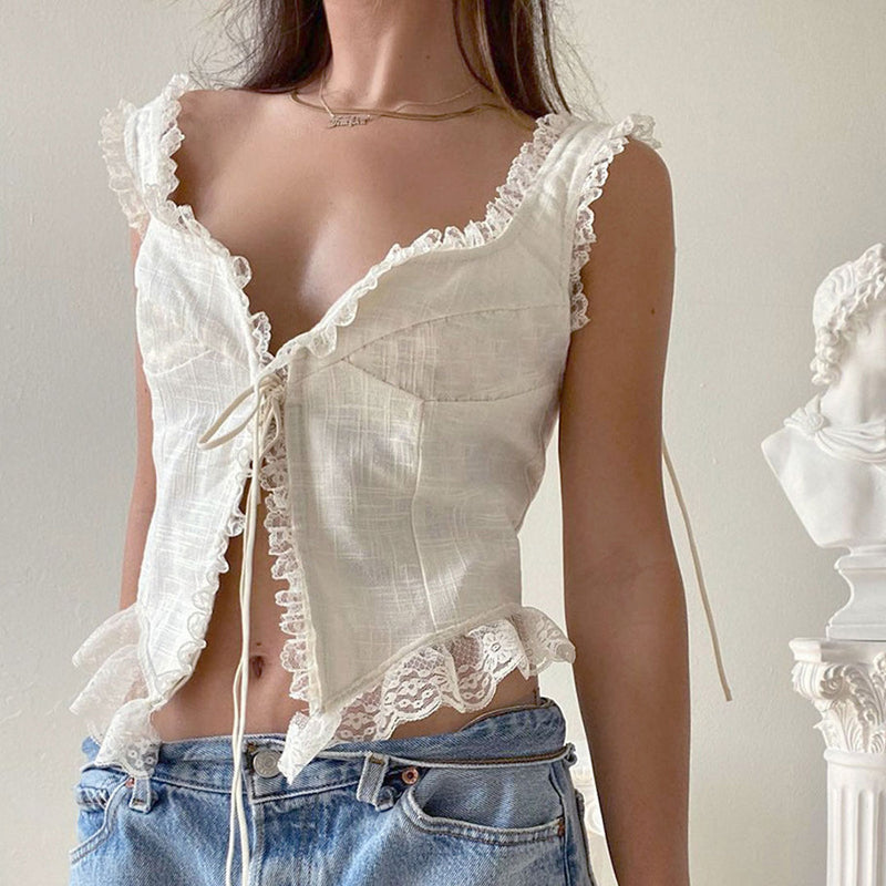 Lace up Corset Top Square Collar Neck Top Front Tie Blouse White
