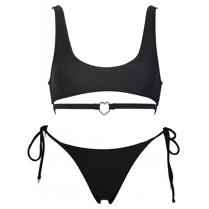Sexy Ribbed High Cut Out Bralette Thong Bikini Set - Black