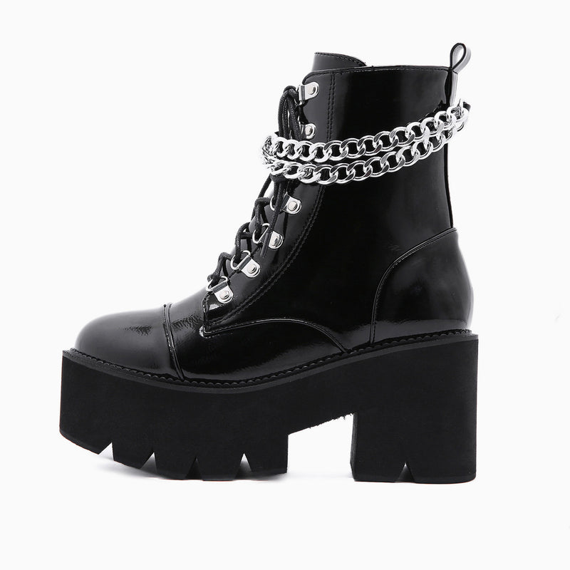 Women Lace Up Round Toe Platform Shoes Punk Ankle Buckle Chunky High Heels  Boots