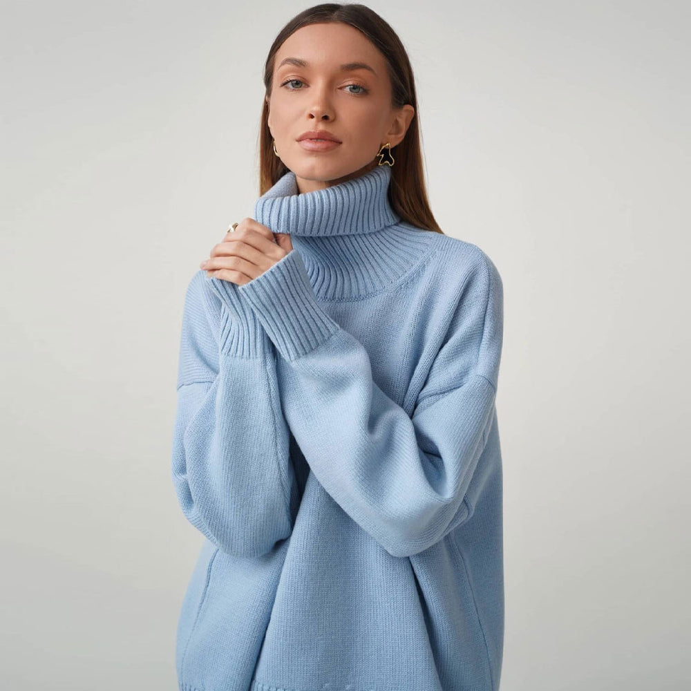 Oversized Rib Knit High Low Turtleneck Long Sleeve Sweater Baby Blue Trendy Unique