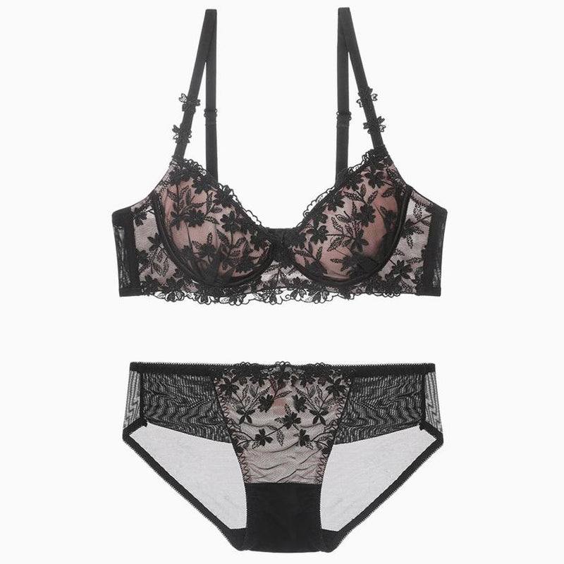 Embroidered Lace & Satin Sexy Adult Bra Set w/ Strap Details