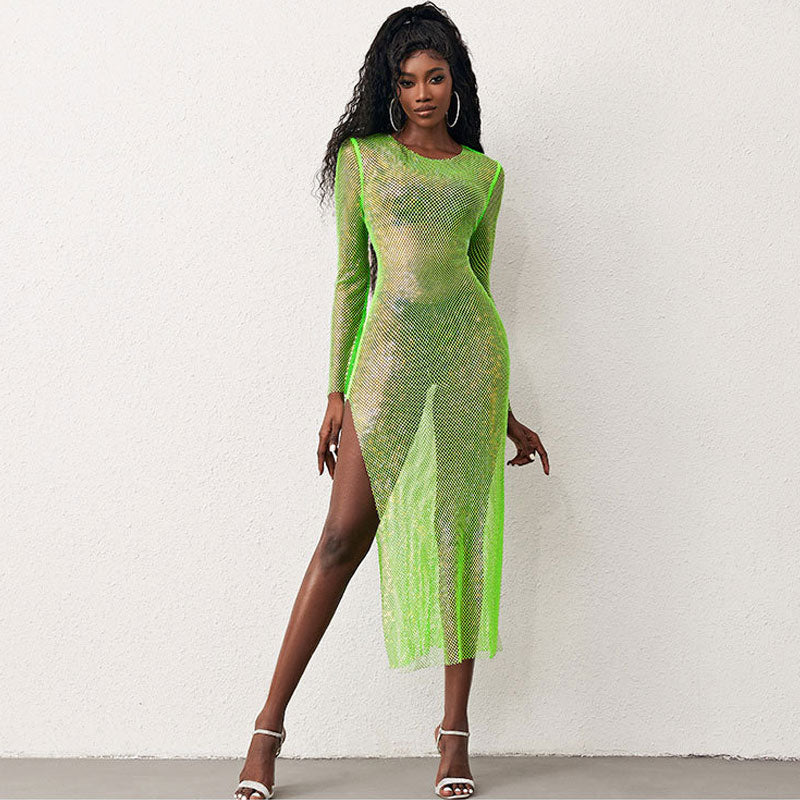Sparkly Fishnet Crystal Embellished Long Sleeve Maxi Dress - Neon Gree –  Trendy & Unique