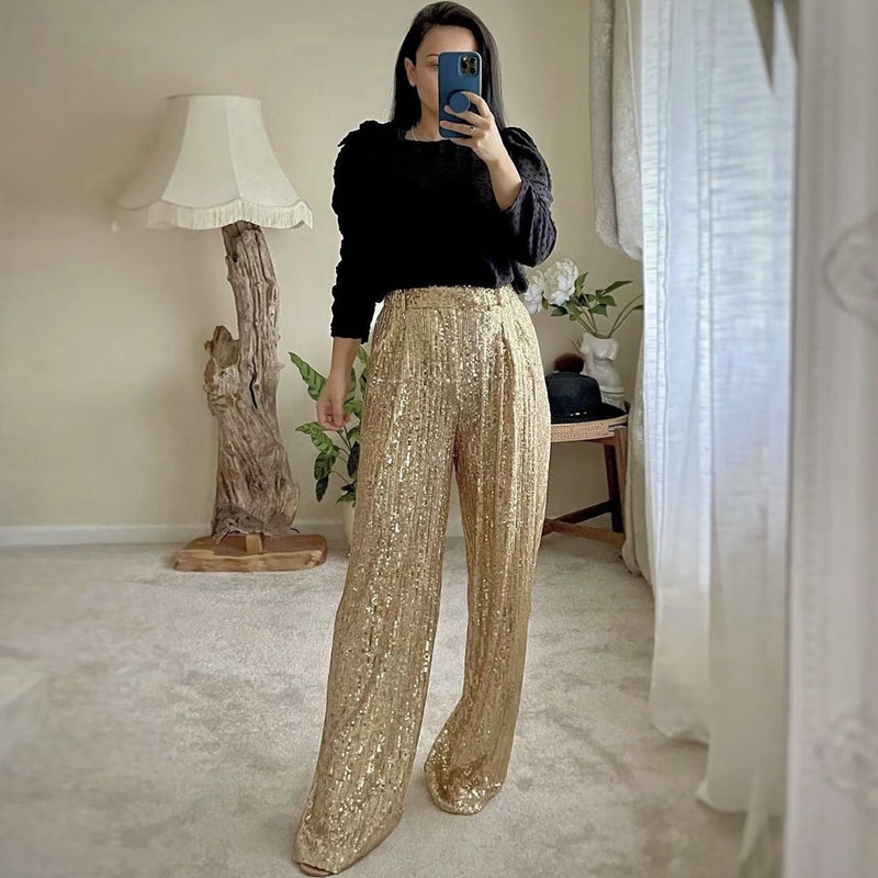 Women Summer Casual Sequin Loose Wide Leg Pants - The Little Connection