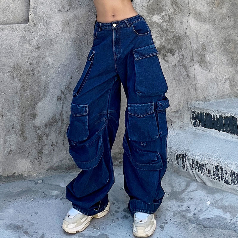 Shop Slim Fit Denim Cargo Pants with Pockets and Drawstring
